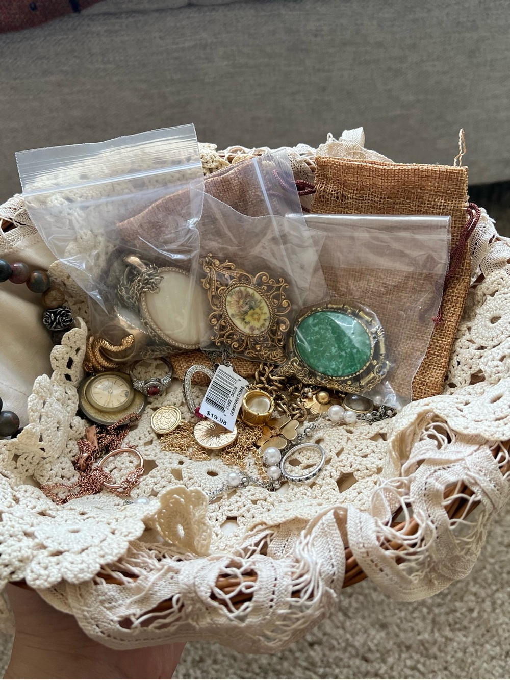Vintage-Inspired Mixed Metal Jewelry Lot in Gold, Cream & Green.